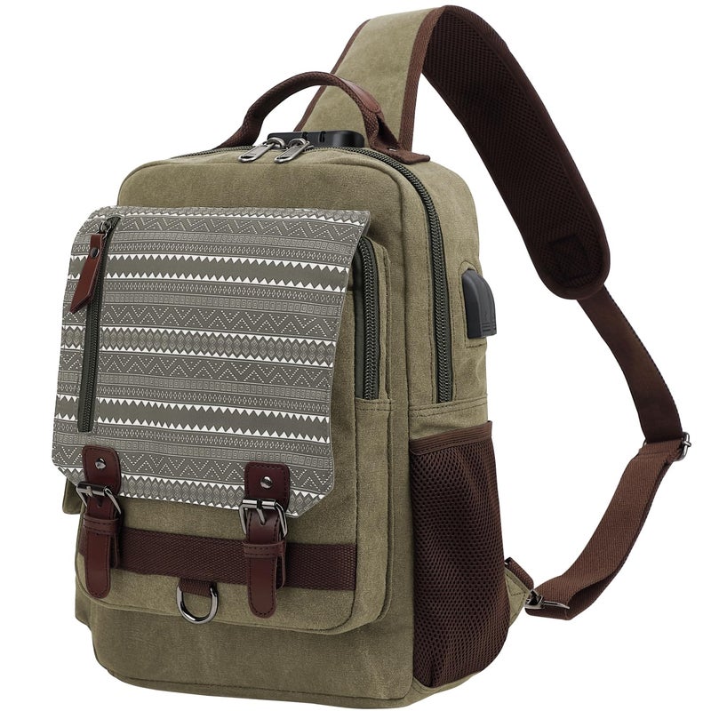 Leaper Retro Crossbody Bag Sling Bag Canvas Messenger Bag for Men Women Shoulder Bag Crossbody Handbags Satchel Geometric Army Green XL - Image 1