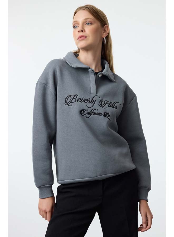trendyol Anthracite Shirt Collar Embroidered Regular Fit Thick Polar Fleece Knitted Sweatshirt TWOAW24SW00182 - Image 1