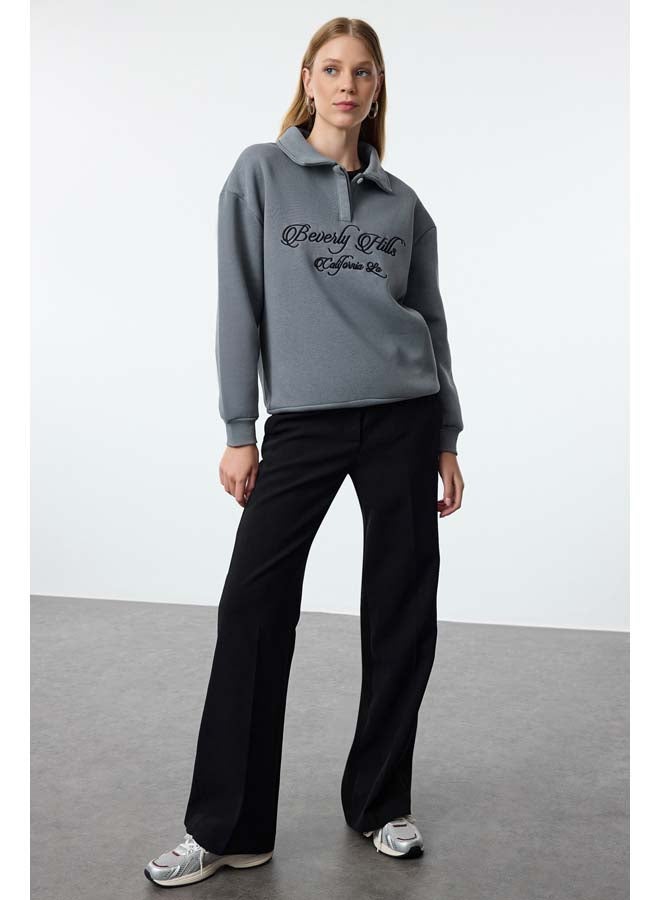 trendyol Anthracite Shirt Collar Embroidered Regular Fit Thick Polar Fleece Knitted Sweatshirt TWOAW24SW00182 - Image 2