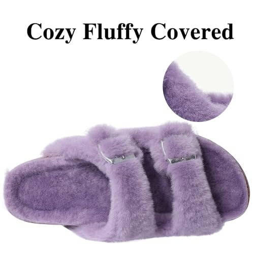 KIDMI Fuzzy Slippers Women with Cork Footbed Fluffy Slides Open Toe Indoor House Shoes | Arch Support | Adjustable Buckles, Purple 9 - Image 5