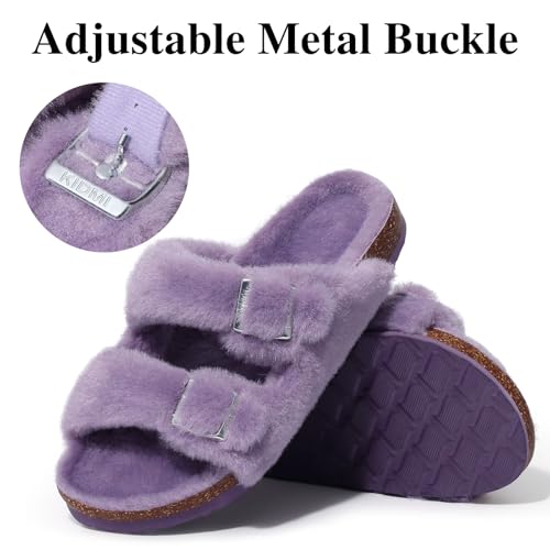 KIDMI Fuzzy Slippers Women with Cork Footbed Fluffy Slides Open Toe Indoor House Shoes | Arch Support | Adjustable Buckles, Purple 9 - Image 3