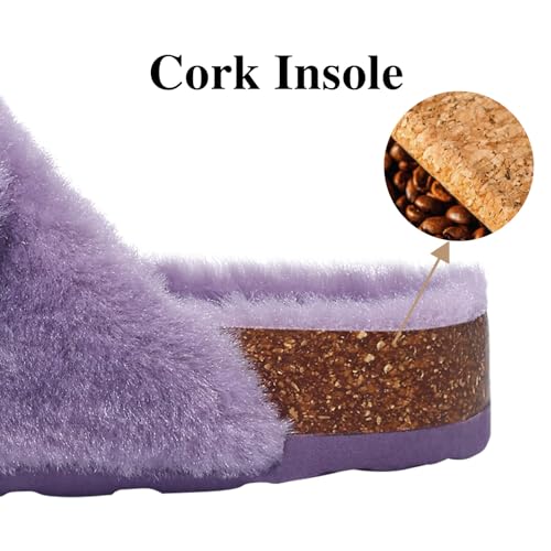 KIDMI Fuzzy Slippers Women with Cork Footbed Fluffy Slides Open Toe Indoor House Shoes | Arch Support | Adjustable Buckles, Purple 9 - Image 4