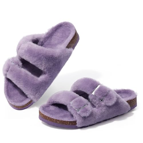 KIDMI Fuzzy Slippers Women with Cork Footbed Fluffy Slides Open Toe Indoor House Shoes | Arch Support | Adjustable Buckles, Purple 9 - Image 1