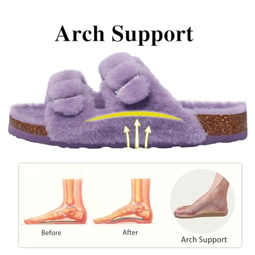 KIDMI Fuzzy Slippers Women with Cork Footbed Fluffy Slides Open Toe Indoor House Shoes | Arch Support | Adjustable Buckles, Purple 9 - Image 2