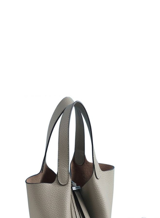 Loquat Litchi Grain Top Layer Cow Skin Bucket Bag Grey  - Image 3