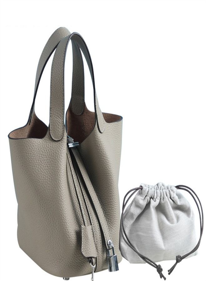 Loquat Litchi Grain Top Layer Cow Skin Bucket Bag Grey  - Image 1