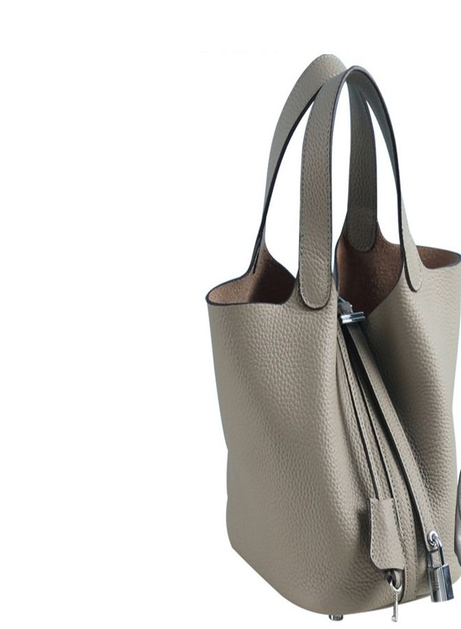 Loquat Litchi Grain Top Layer Cow Skin Bucket Bag Grey  - Image 2