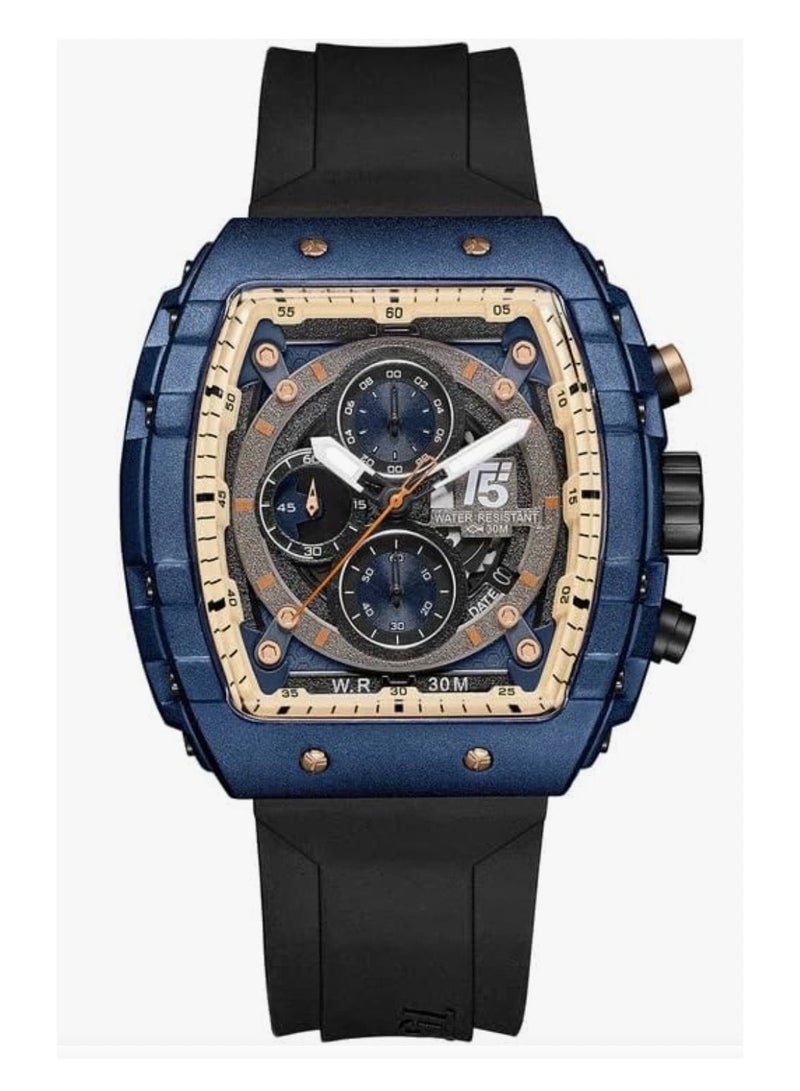 T5 Men's Black and Blue Chronograph Silicone Strap Watch - Image 1