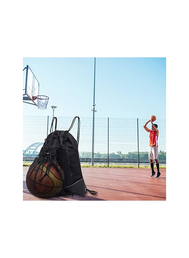 PROMASS Drawstring Basketball Backpack For Boys, Foldable Soccer Backpack Gym Bag Sackpack Sports Sack With Detachable Ball Mesh Bag For Volleyball Baseball Yoga, Black - Image 2