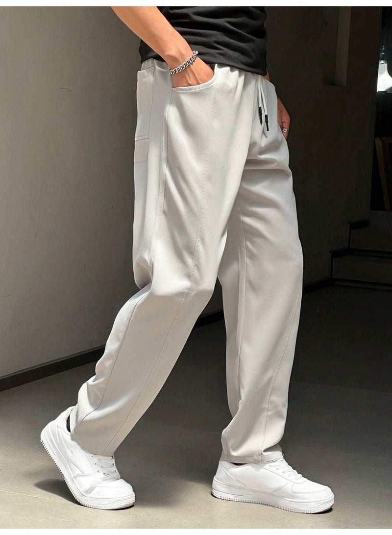 Men's Casual Woven Pants Light Grey Baggy Wide Leg Straight Trousers Paneled Seam Elastic Waist For Men - Image 3