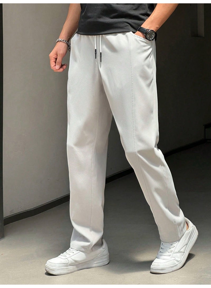Men's Casual Woven Pants Light Grey Baggy Wide Leg Straight Trousers Paneled Seam Elastic Waist For Men - Image 2