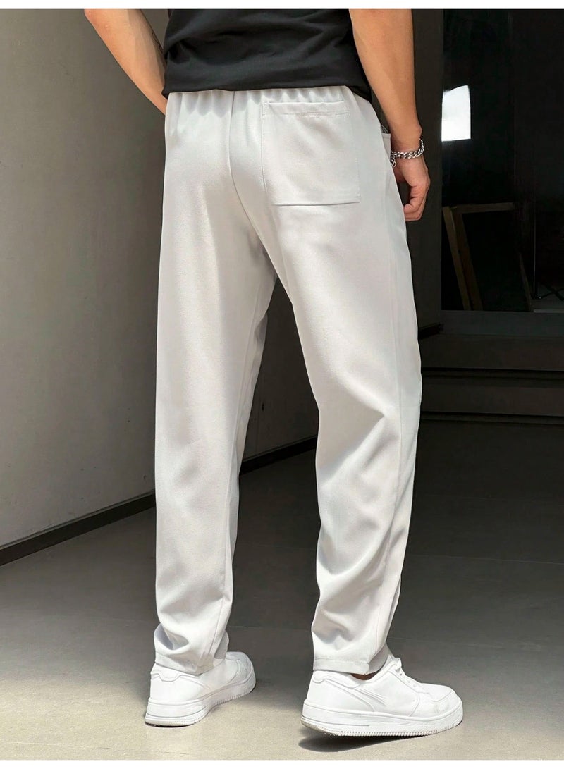 Men's Casual Woven Pants Light Grey Baggy Wide Leg Straight Trousers Paneled Seam Elastic Waist For Men - Image 4
