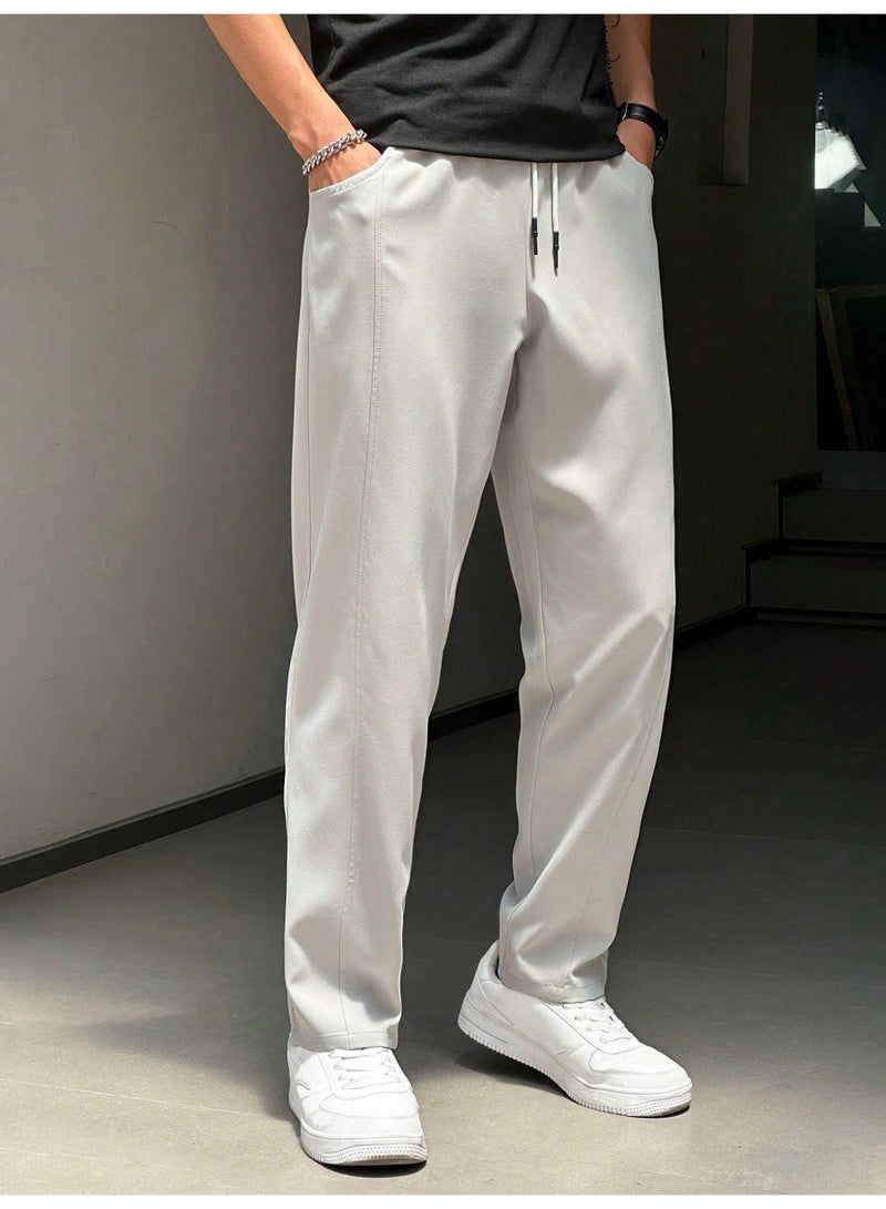 Men's Casual Woven Pants Light Grey Baggy Wide Leg Straight Trousers Paneled Seam Elastic Waist For Men - Image 1