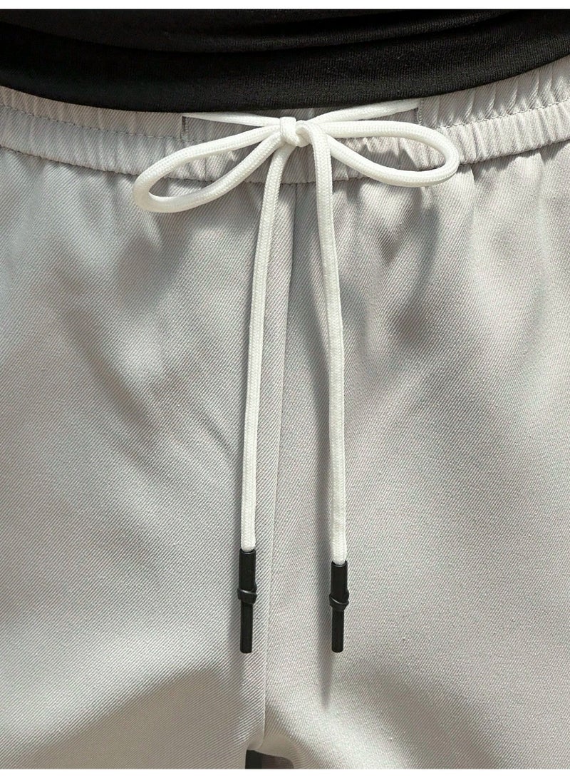 Men's Casual Woven Pants Light Grey Baggy Wide Leg Straight Trousers Paneled Seam Elastic Waist For Men - Image 5