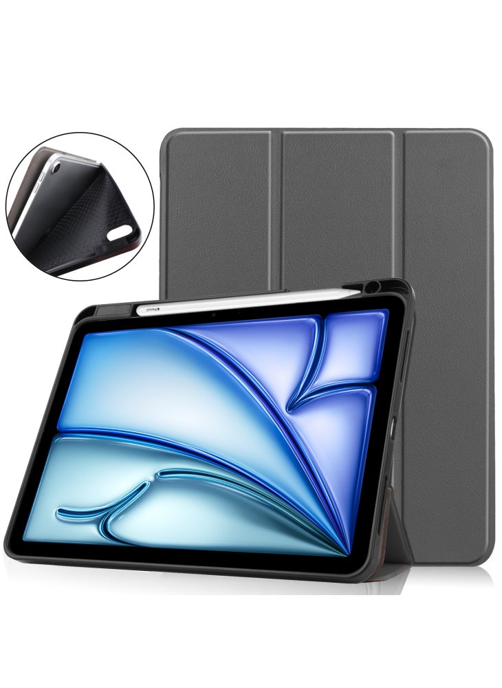 For iPad Air 11 (2025)/(2024) Stand Case Shock-Absorbent Leather Tablet Cover with Pen Slot - Grey - Image 1