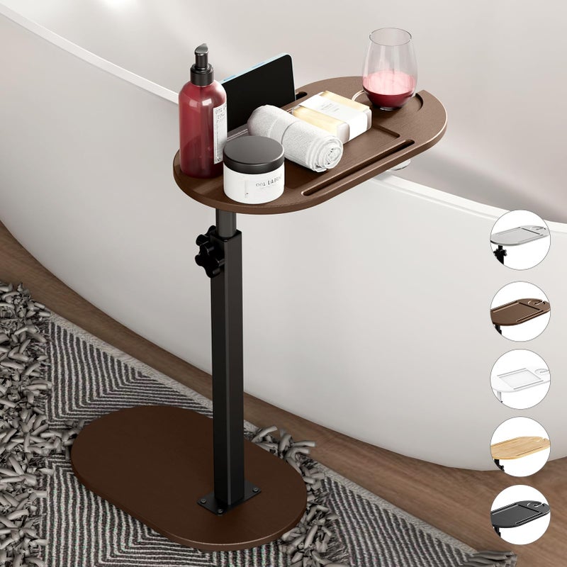 Yumkfoi Bamboo Bathtub Tray Table with Adjustable Height Freestanding Bath Caddy Side Table for Tub Against Wall Tub Shelf with Wine Glass Phone Holder Functional Tray  Patent Protected Brown