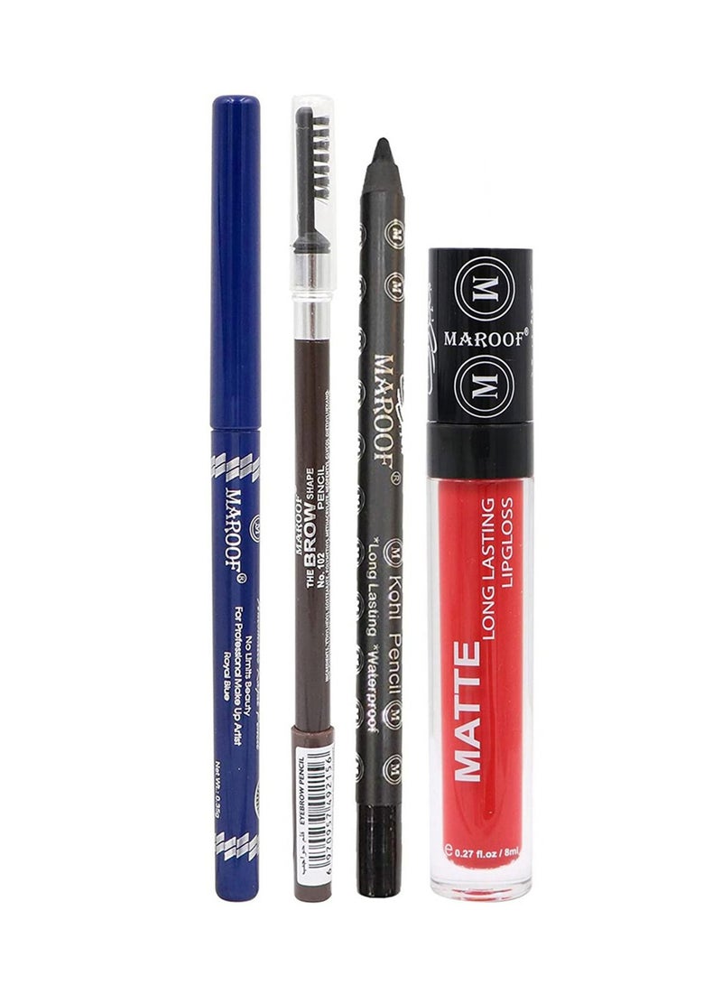 MAROOF Matte Lipgloss With Eye Kajal Pencil Duo Set And Brow Pencil Combo Multicolour Pack of 4 - Image 1
