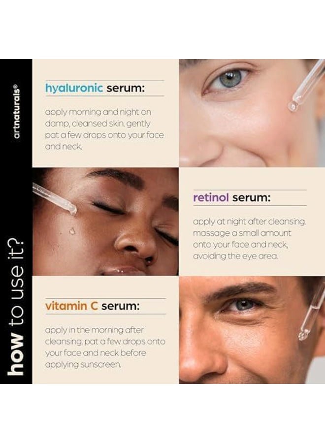 artnaturals مجموعة مضادة للشيخوخة من آرت ناتشورالز مع فيتامين C و ريتينول و حمض الهيالورونيك - (3 × 1 أونصة سائلة / 30 مل) سيروم لإزالة التجاعيد والهالات السوداء - طبيعي بالكامل ومرطب - Image 5