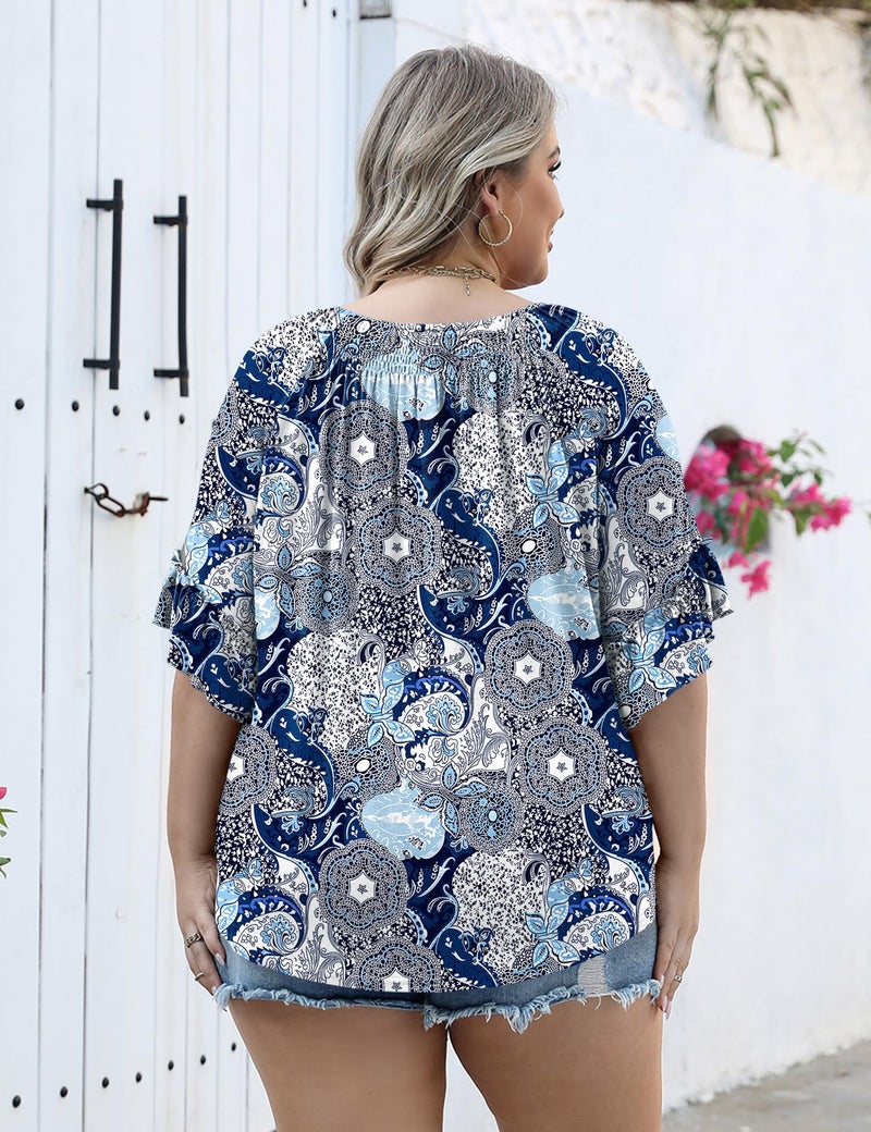 Micoson 3/4 Length Sleeve Womens Tops Plus Size Peasant Tops for Women Boho Blouse Cotton Tops for Women Loose Fit Summer Shirt - Image 2