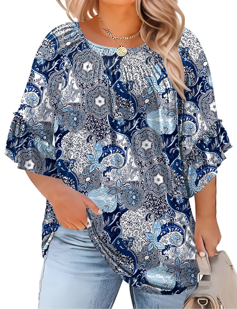 Micoson 3/4 Length Sleeve Womens Tops Plus Size Peasant Tops for Women Boho Blouse Cotton Tops for Women Loose Fit Summer Shirt - Image 1