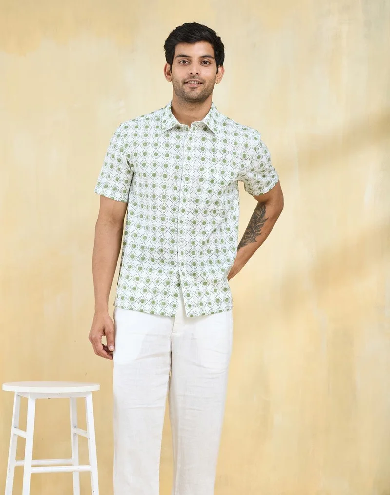 Fabindia White Cotton Hand Block Printed Shirt