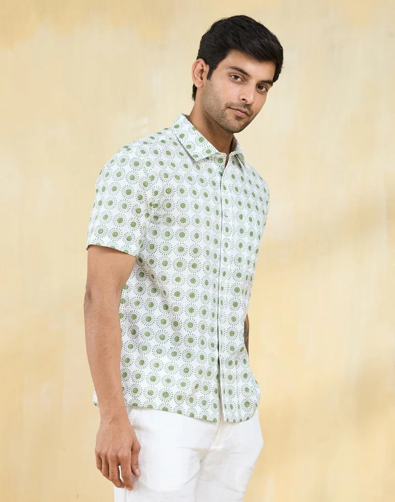 Fabindia White Cotton Hand Block Printed Shirt