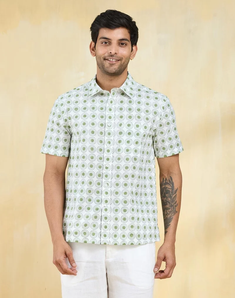 Fabindia White Cotton Hand Block Printed Shirt