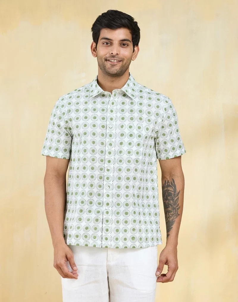 Fabindia  White Cotton Hand Block Printed Shirt for Men | Best Price UAE