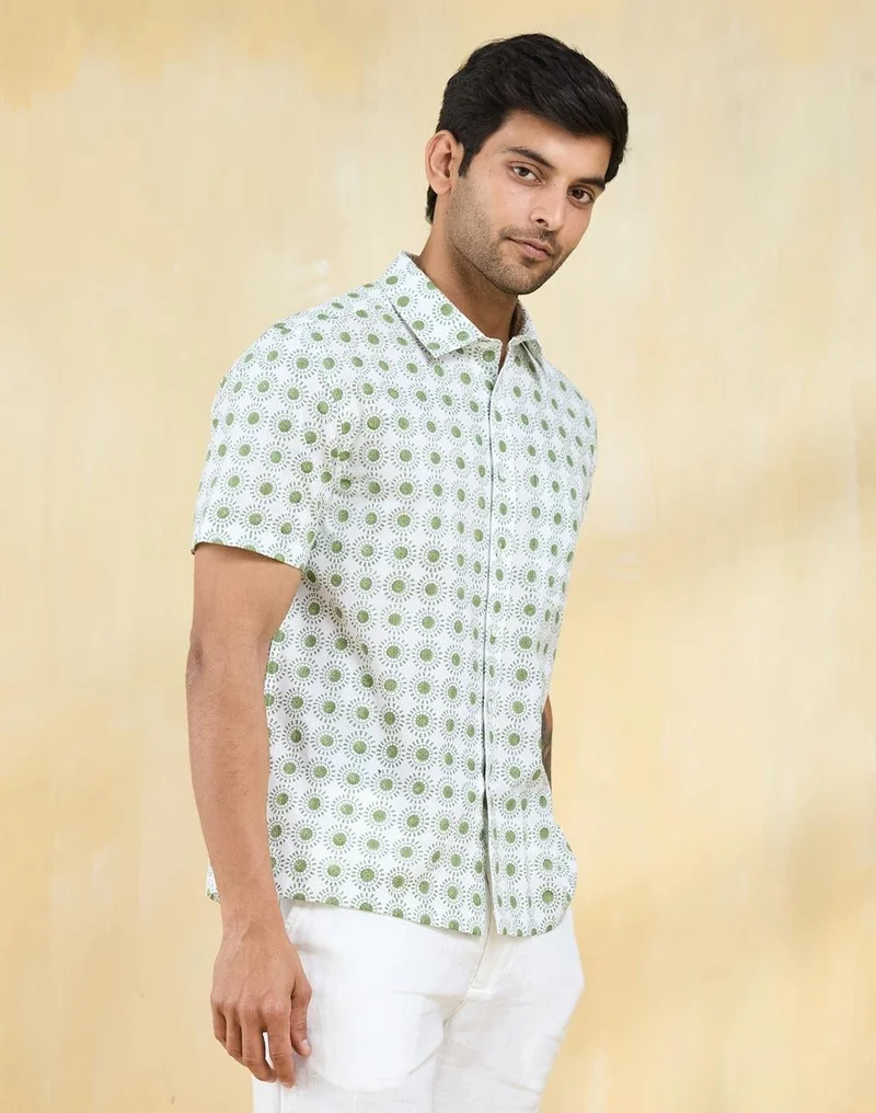 Fabindia  White Cotton Hand Block Printed Shirt for Men | Best Price UAE