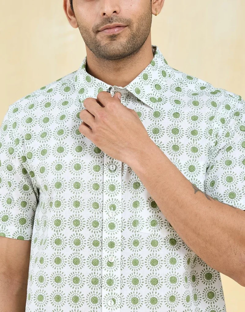 Fabindia  White Cotton Hand Block Printed Shirt for Men | Best Price UAE