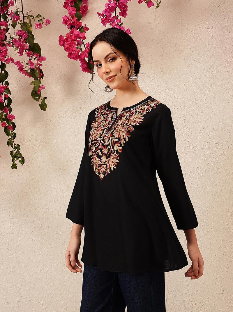 QAZMI Women's Fiza Kashmiri A-Line Black Short Kurti_2XL - Image 2
