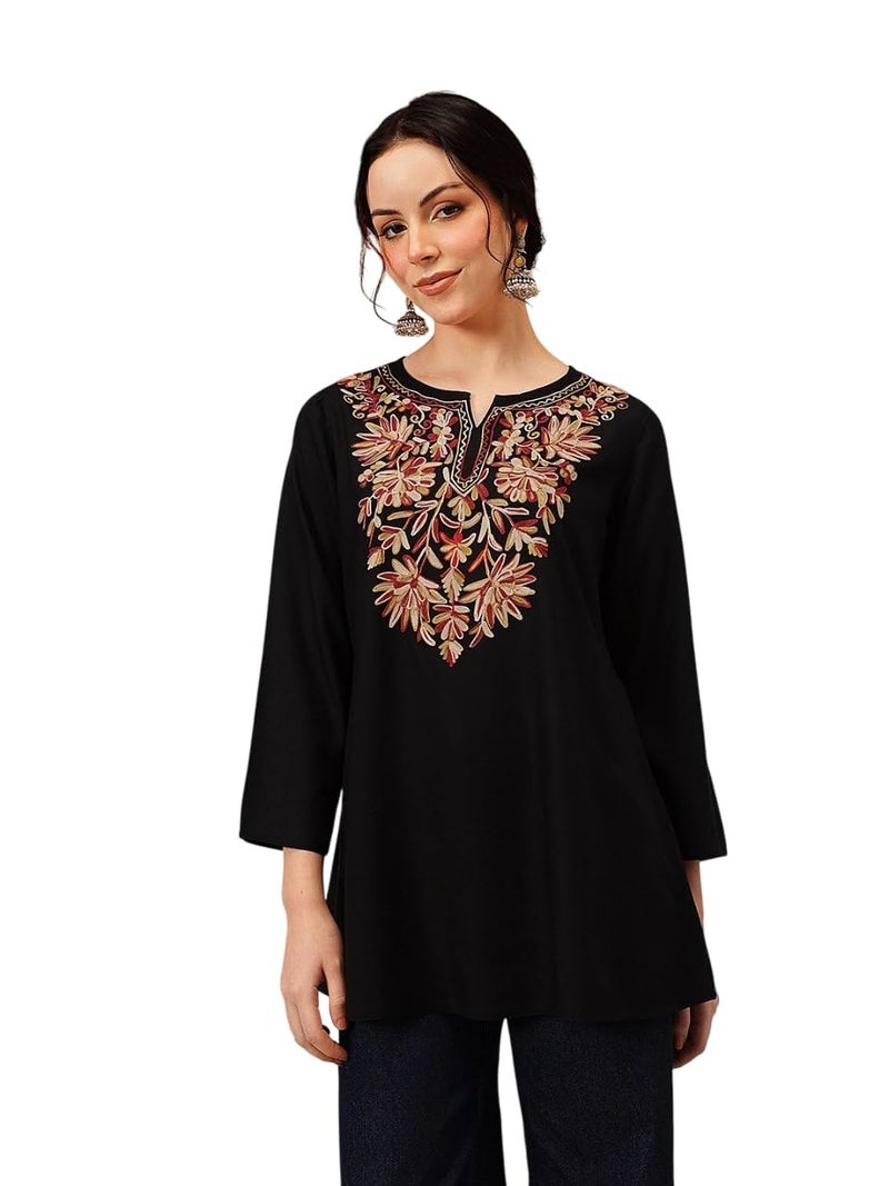 QAZMI Women's Fiza Kashmiri A-Line Black Short Kurti_2XL - Image 1