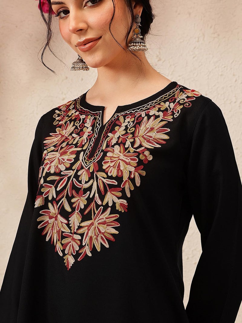 QAZMI Women's Fiza Kashmiri A-Line Black Short Kurti_2XL - Image 5