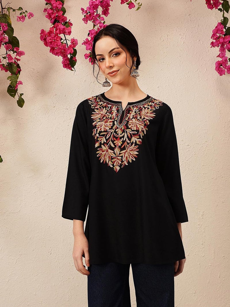 QAZMI Women's Fiza Kashmiri A-Line Black Short Kurti_2XL - Image 3