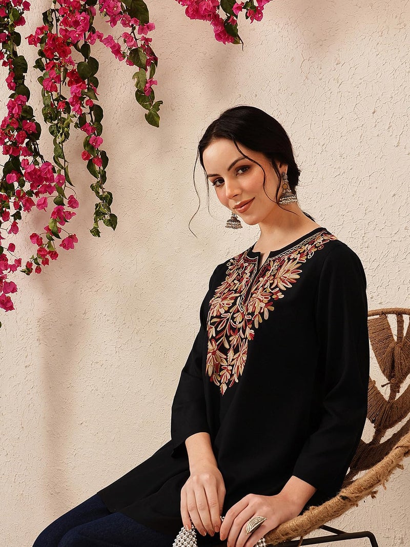 QAZMI Women's Fiza Kashmiri A-Line Black Short Kurti_2XL - Image 4