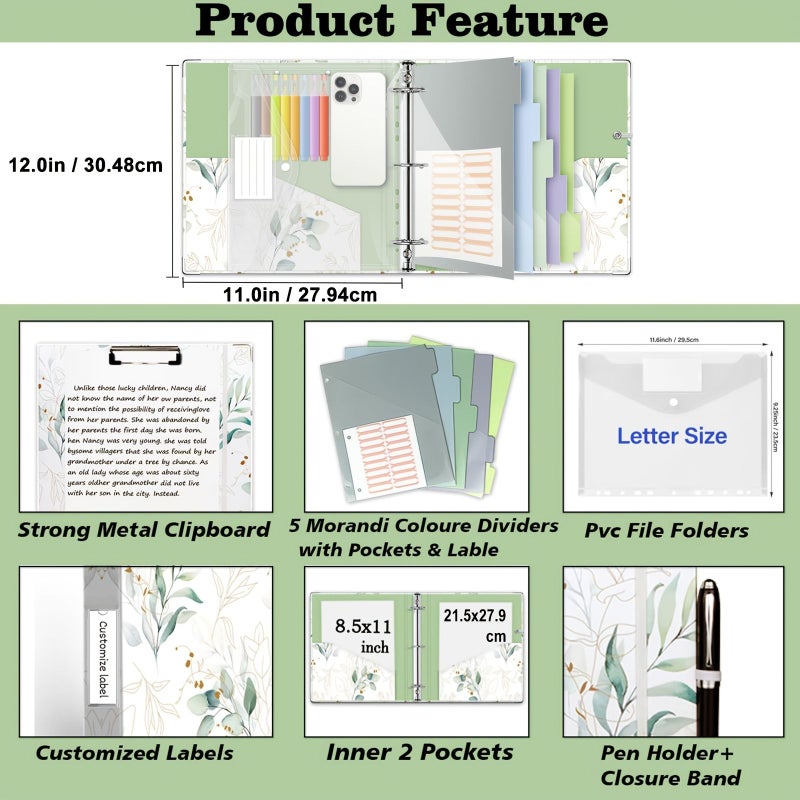 Green Plant 3 Ring Binder 2 Inch for Letter Size with Dividers and Pocket - Image 4