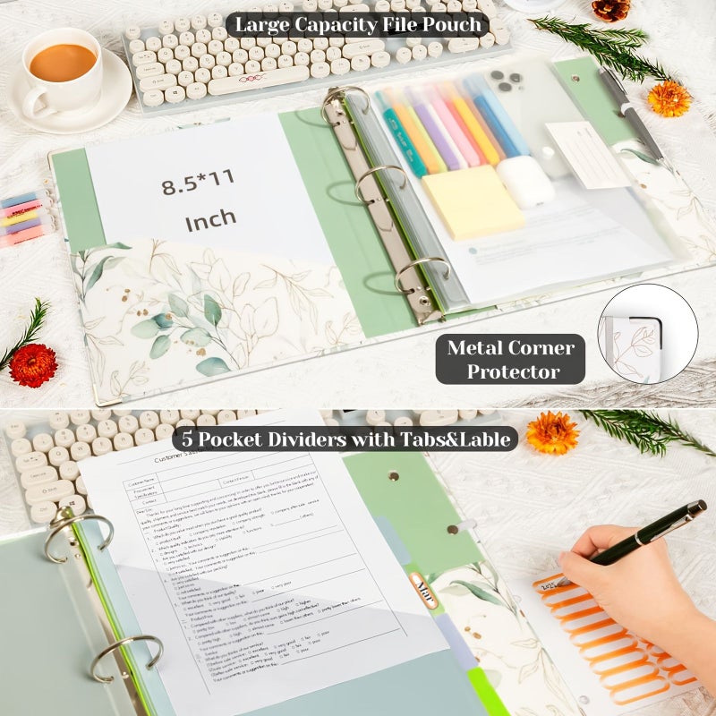 Green Plant 3 Ring Binder 2 Inch for Letter Size with Dividers and Pocket - Image 5
