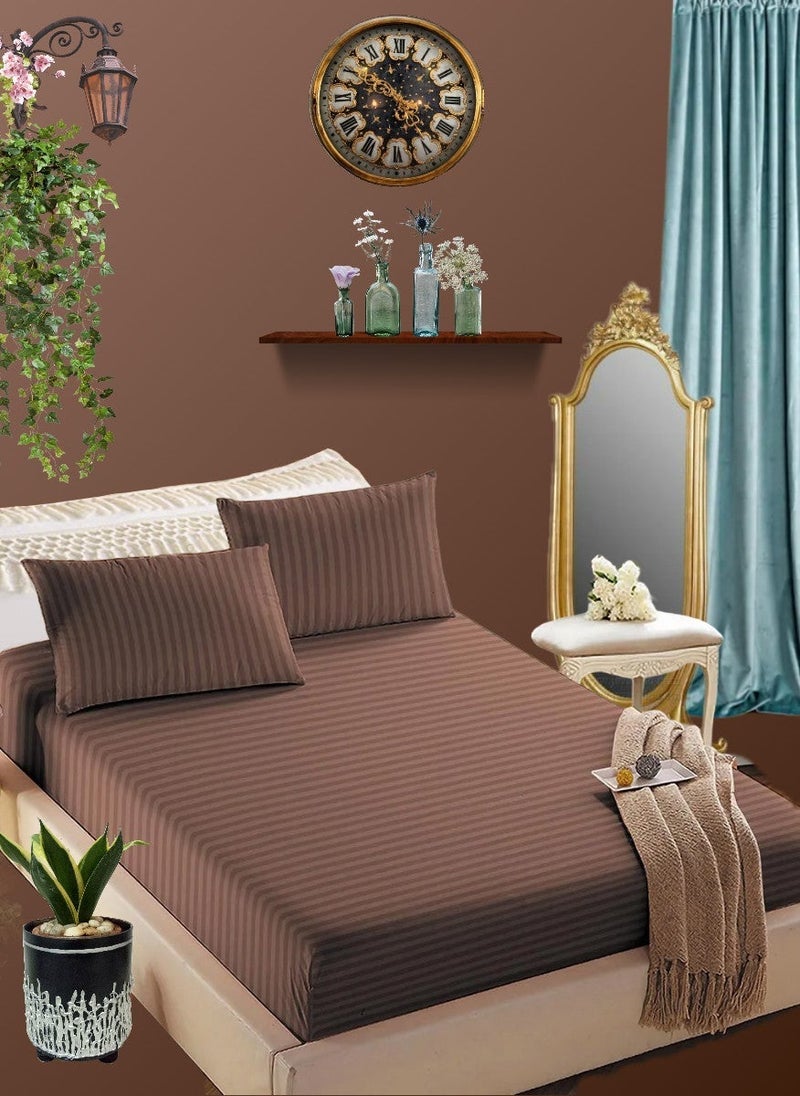 Blueberry Pastel Brown Cotton Single Striped Fitted Elastic Bedsheet Sets 120x200+15cm - Image 1