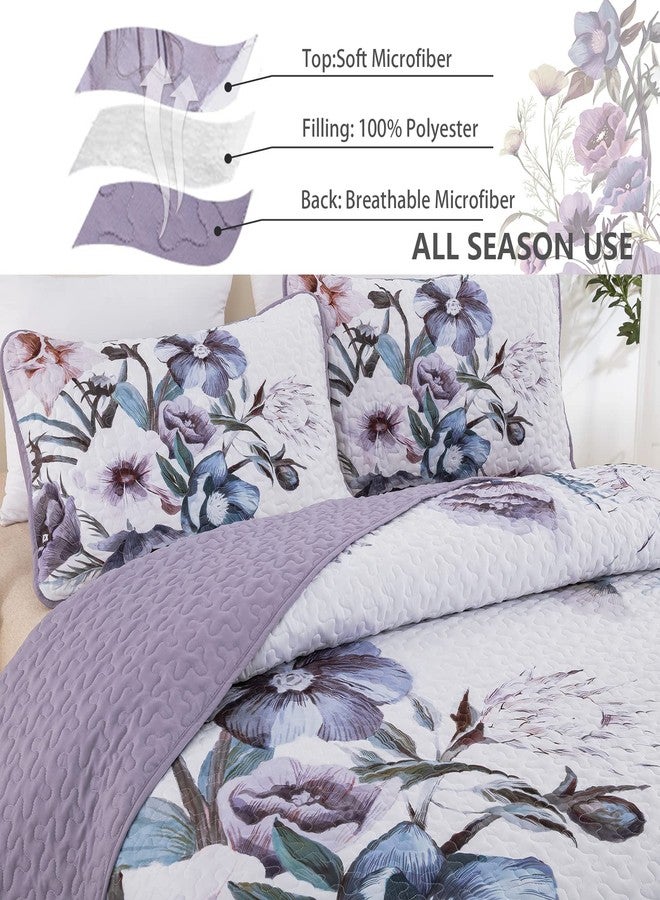 Drucon 3 Pieces Floral Quilt Set Full Purple Flower Pattern Quilt Coverlet Set Soft Microfiber Lightweight Boho Purple Floral Quilted Bedspread for All Season 80"x90" - Image 4