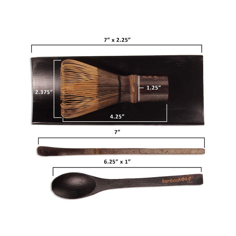BambooMN Matcha Whisk Set - Chasen (Tea Whisk), Chashaku (Hooked Bamboo Scoop), Tea Spoon - Black - Image 3
