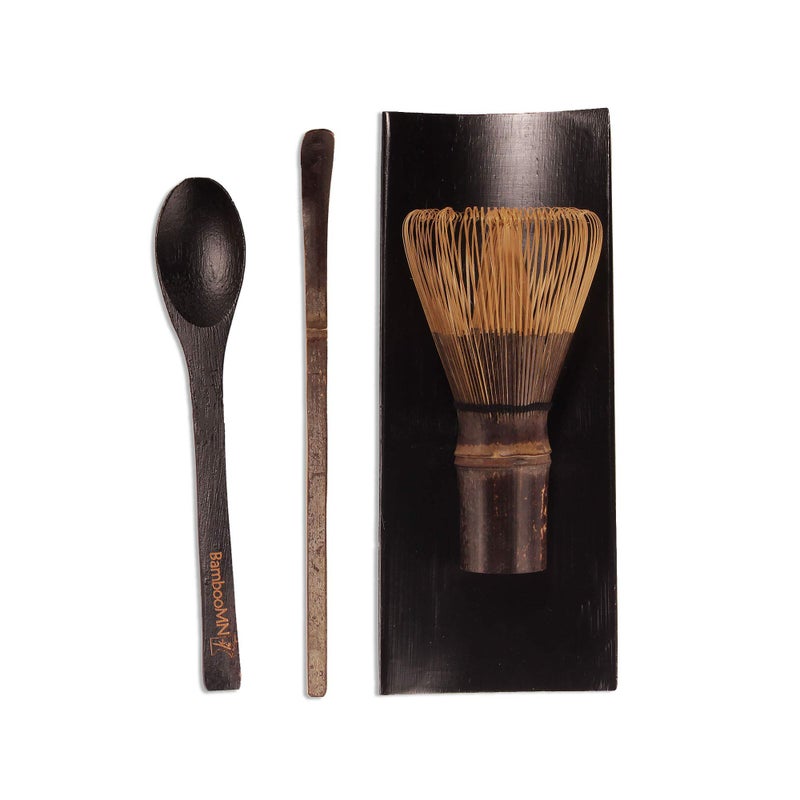 BambooMN Matcha Whisk Set - Chasen (Tea Whisk), Chashaku (Hooked Bamboo Scoop), Tea Spoon - Black - Image 1