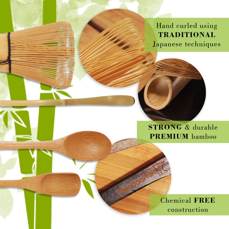 BambooMN Matcha Whisk Set - Chasen (Tea Whisk), Chashaku (Hooked Bamboo Scoop), Tea Spoon - Black - Image 4