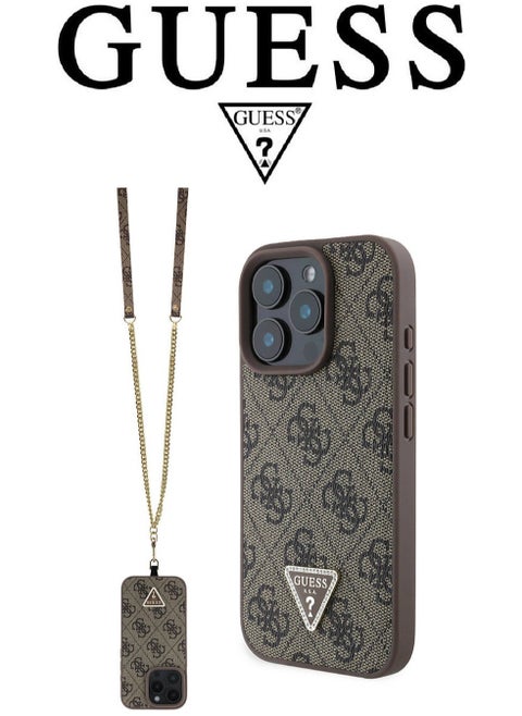 IPhone 15 Pro Max cover case with a strap, iphone 15 pro max back cover with french design, iphone 15 pro max case with a logo and a leather design approved by the global brand Guess. From CG-MOBILE. In Brown