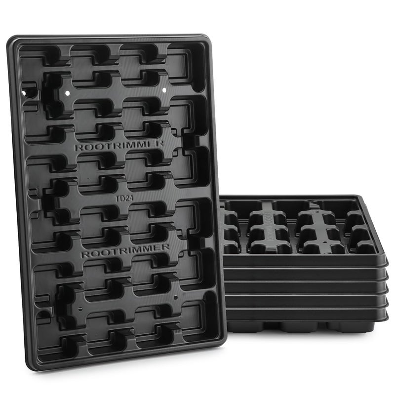 RooTrimmer 24 Cell Nursery Pots Trays 5 Pack (17"x11"x1.6"), Reusable Plant Pot Tray for Holding 2.8 inch (7CM) Square Nursery Pots, Durable Plastic Carrying Seed Starter Tray with Drain Holes (Black) - Image 1