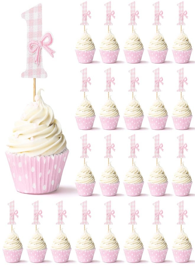 YooNotee 24 Pcs Pink White Gingham Bow 1st Birthday Cake Topper Sweet One Birthday Decorations First Wedding Anniversary Bowknot Cupcake Toppers, Pink Bow Cake Photo Props Wedding Theme Party Decor - Image 1