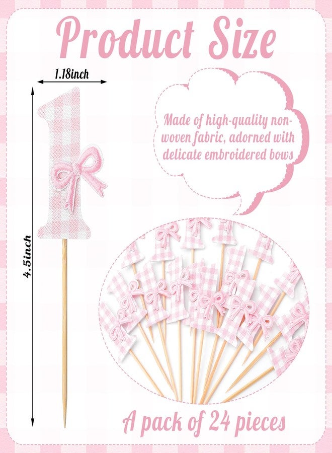 YooNotee 24 Pcs Pink White Gingham Bow 1st Birthday Cake Topper Sweet One Birthday Decorations First Wedding Anniversary Bowknot Cupcake Toppers, Pink Bow Cake Photo Props Wedding Theme Party Decor - Image 2