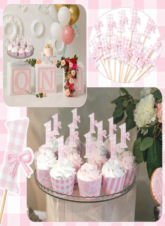 YooNotee 24 Pcs Pink White Gingham Bow 1st Birthday Cake Topper Sweet One Birthday Decorations First Wedding Anniversary Bowknot Cupcake Toppers, Pink Bow Cake Photo Props Wedding Theme Party Decor - Image 4