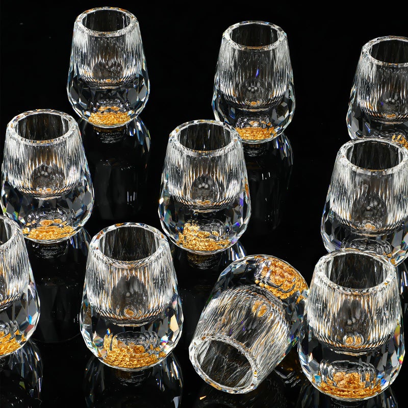 Skybooly 12 Pcs Small Crystal Shot Glasses with 24k Gold Leaf Flakes 05oz Mini Diamond Tequila Whiskey Shot Glasses Set Luxury Tiny Shot Cups Drinking Glassware for Party Bar Decor Collection Gift