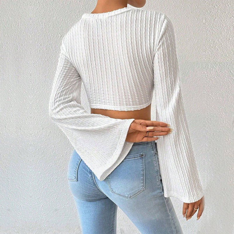 Women's Elegant T-Shirt with Fringe and Flared Sleeves, Cropped - Image 3