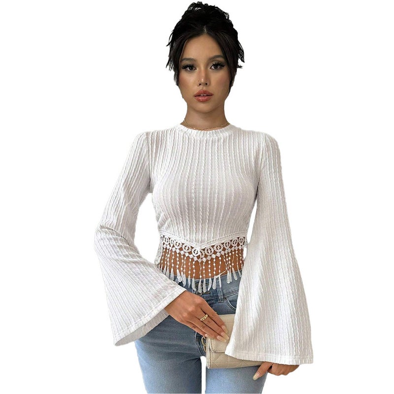 Women's Elegant T-Shirt with Fringe and Flared Sleeves, Cropped - Image 5